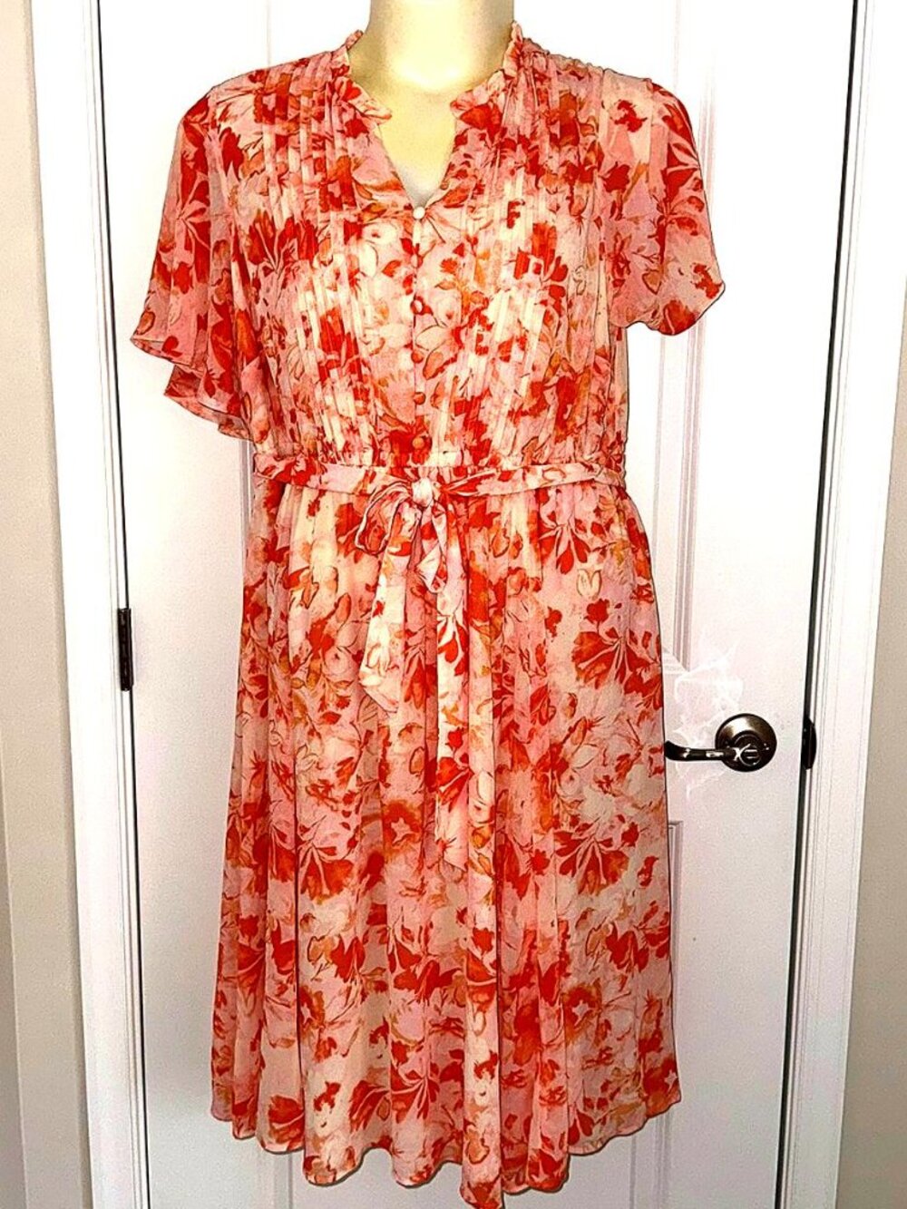 Torrid Floral Midi Dress – Peach Tie‑Waist Short Sleeve Plus Size 2X 18-20